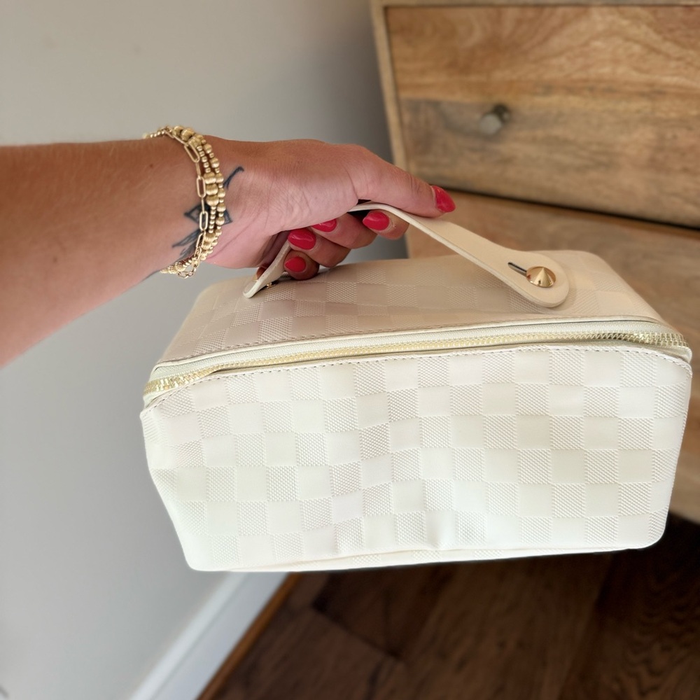Large Vegan Leather Elegant Cream Checkered Women's Cosmetic Bag Bridal Gold